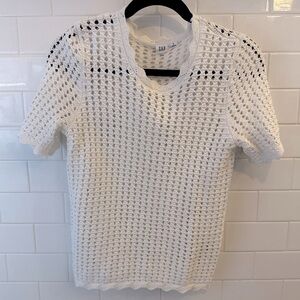 GAP White Open-Knit Crochet Short Sleeve Crewneck Sweater